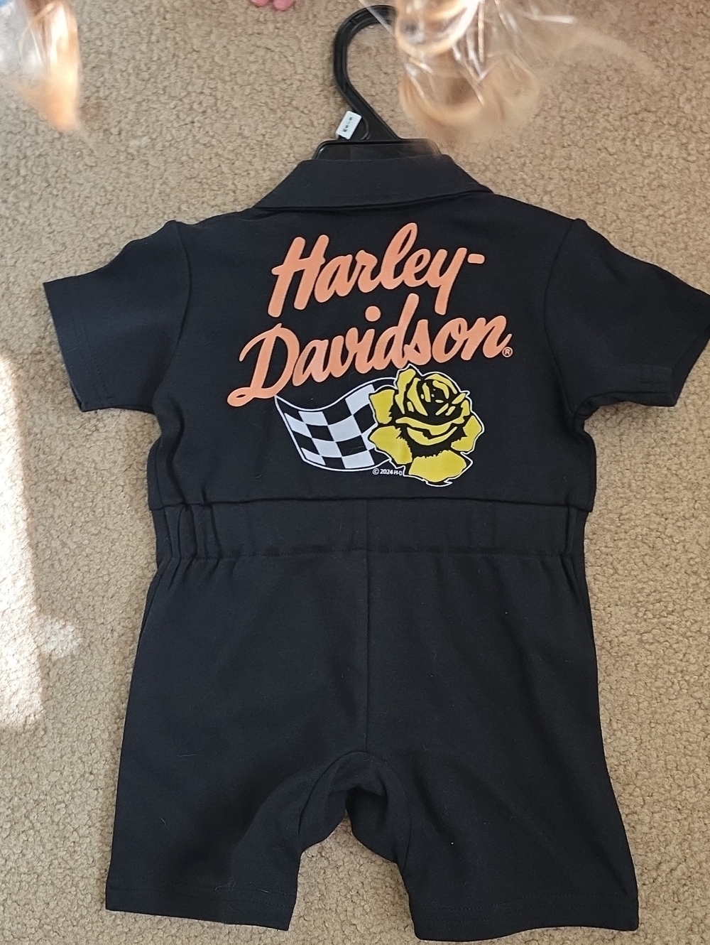 Harley-Davidson Black One-Piece Romper with Yellow Rose and Peach Logo